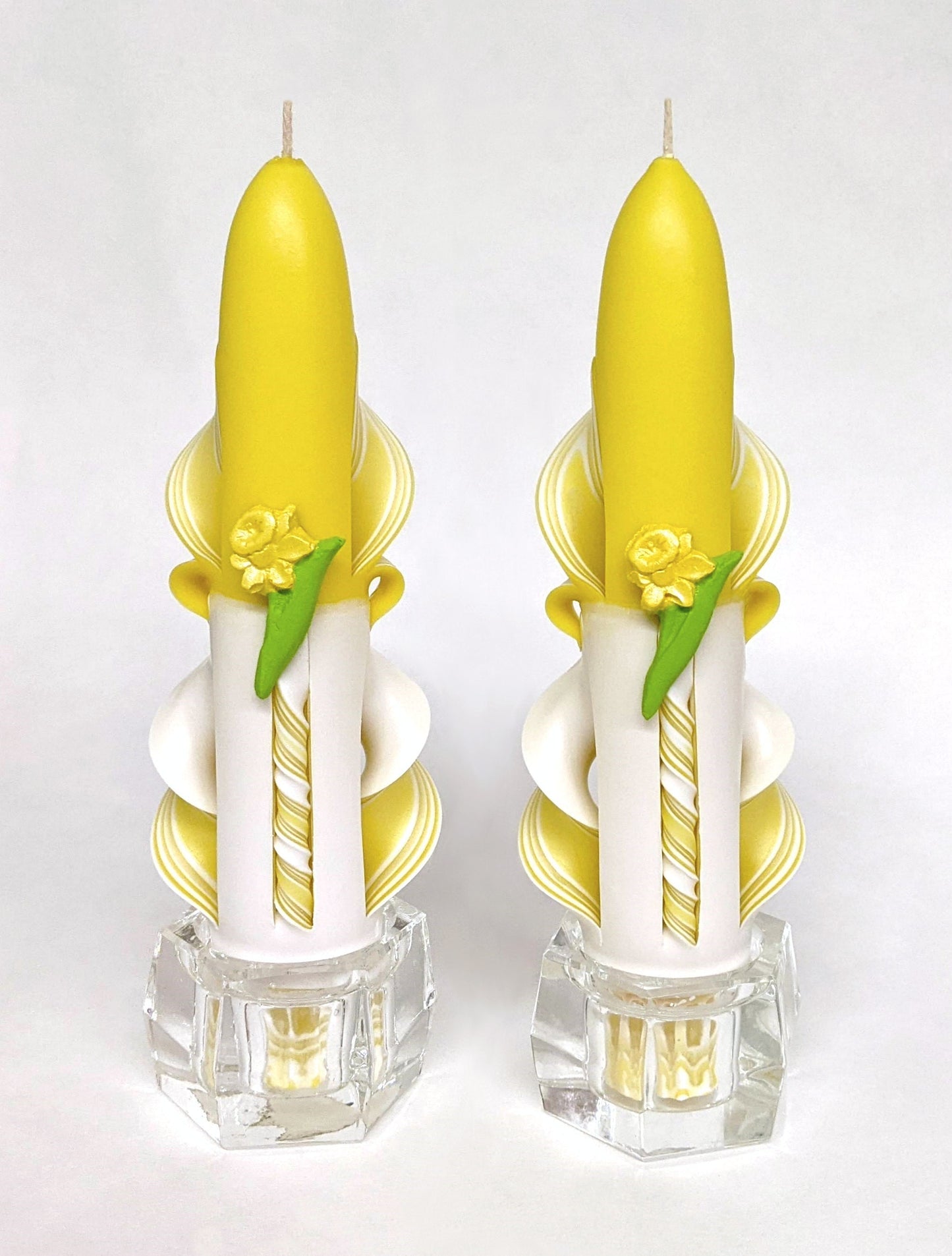 Carved Yellow and White Daffodil Taper Candles