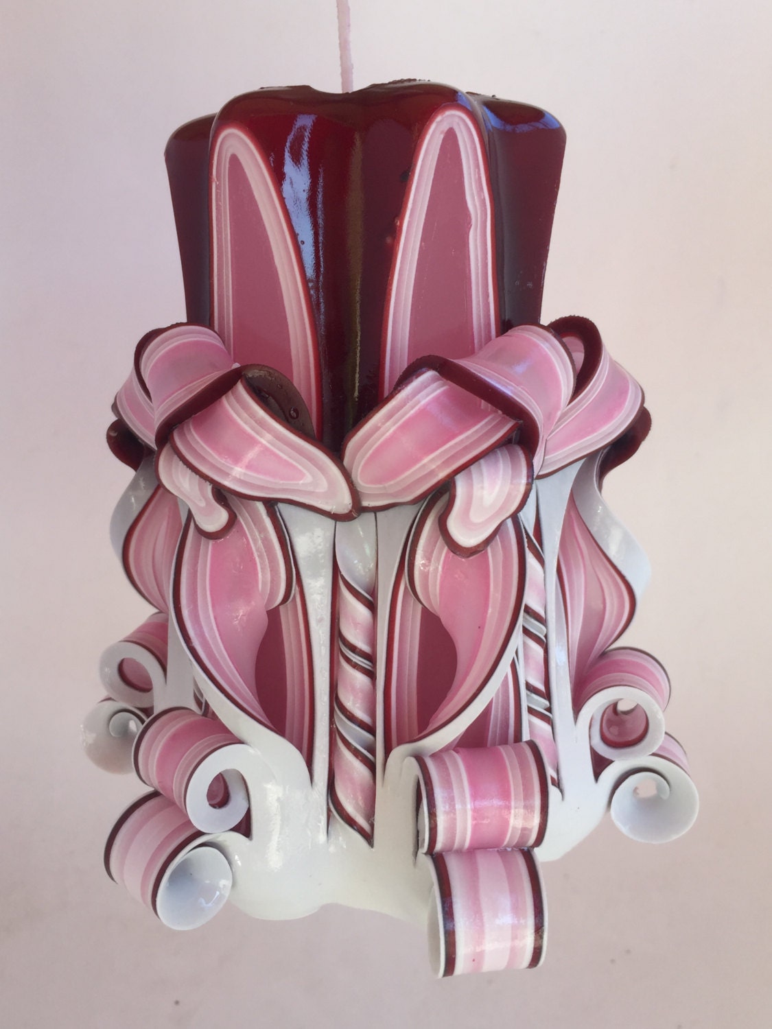 Handmade Pink and Burgundy Carved Pillar Candle - 5 Inch