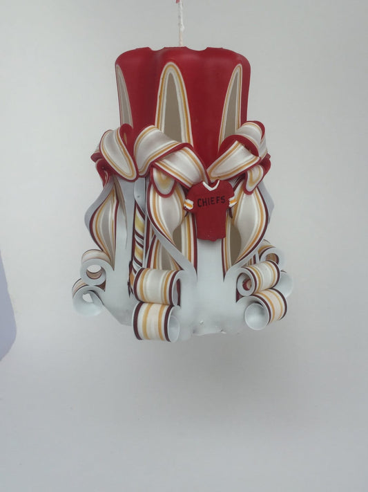 Hand-Carved Kansas City Chiefs Inspired Pillar Candle - 5 Inch