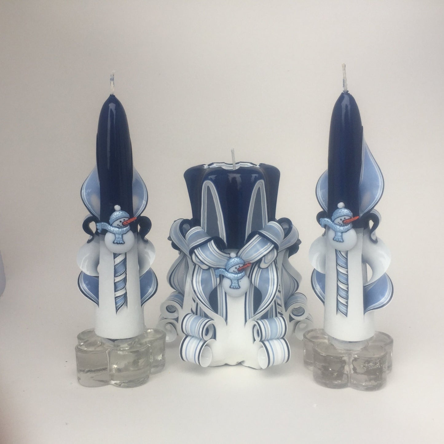 Blue Snowman Carved Candle Centerpiece Set