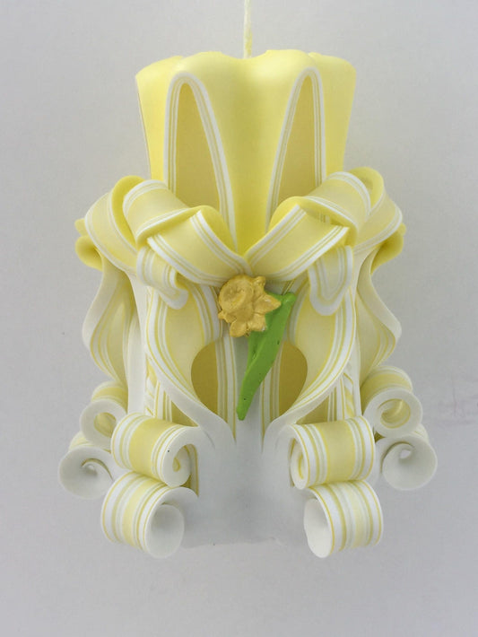 Handmade Yellow and White Carved Daffodil Pillar Candle - 5 Inch