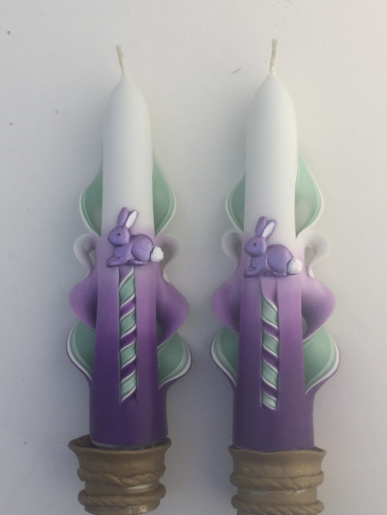 Purple & Green Hand-Carved Easter Bunny Candles