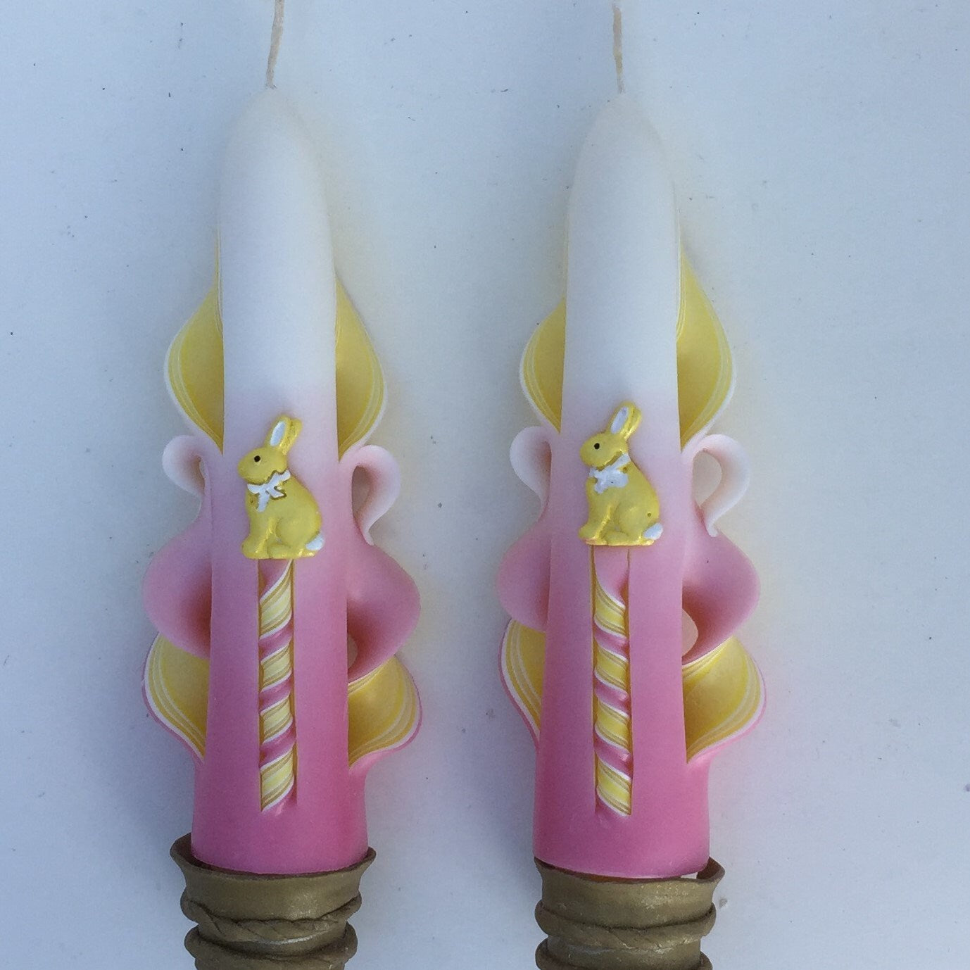 Yellow & Pink Ombre Carved Easter Bunny Taper Candles