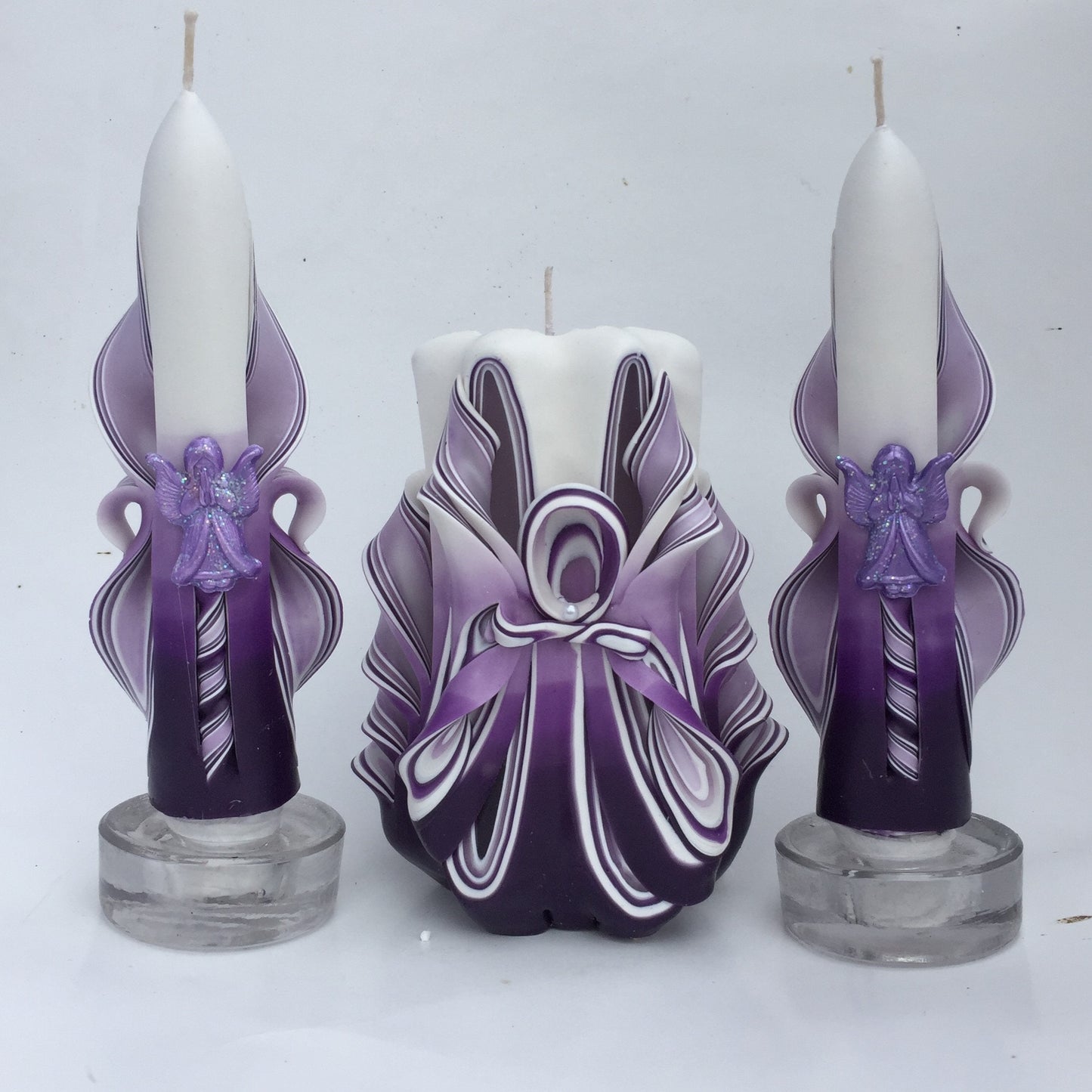 Purple Carved Angel Carved Candle Set
