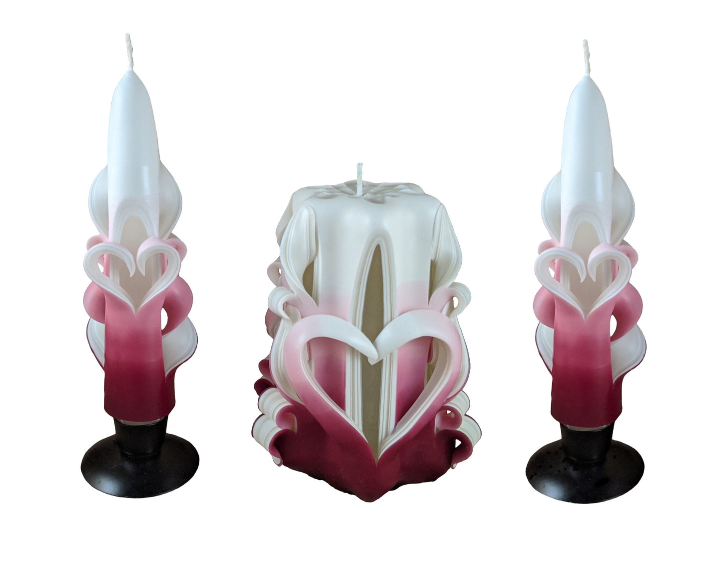 Carved Raspberry Valentine Heart Candle Set