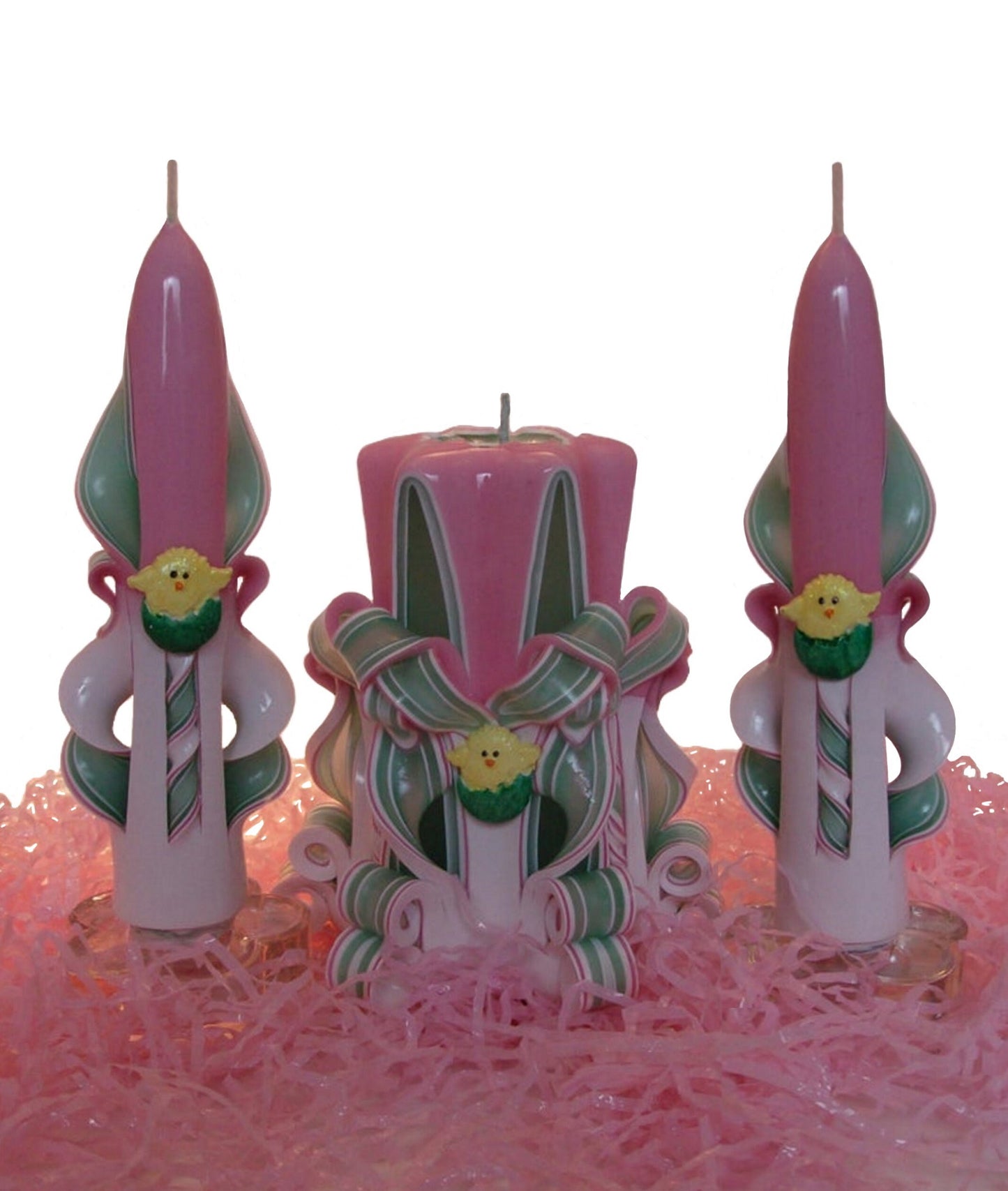 Handmade Easter Chick Carved Candle Set
