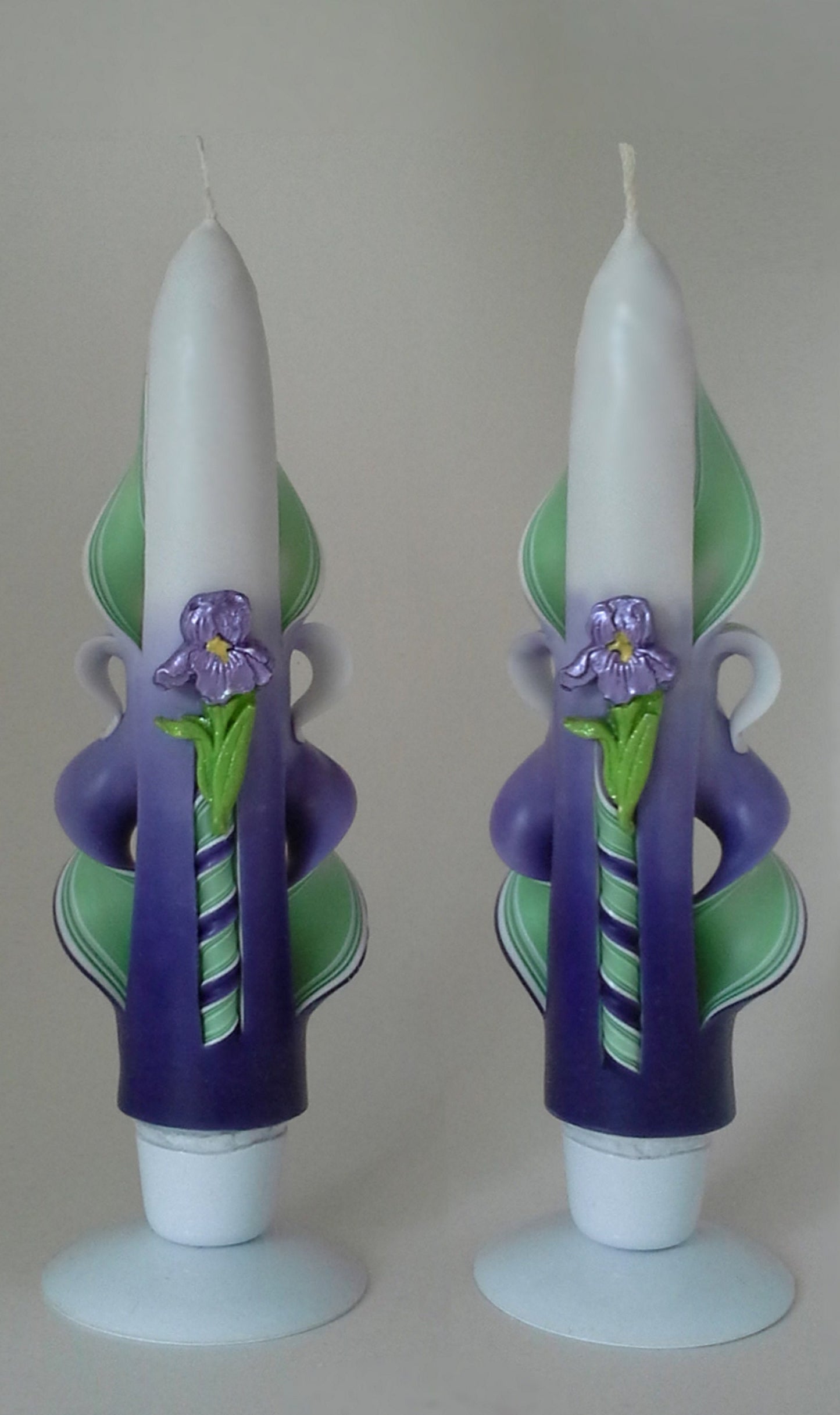 Handmade Shaded Purple and Green Carved Iris Candle Set
