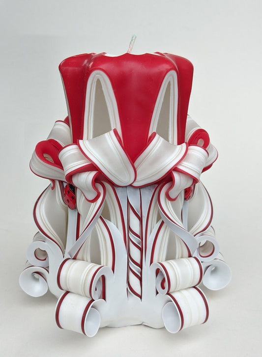 Handmade Red and White Carved Ladybug Pillar Candle - 5 Inch