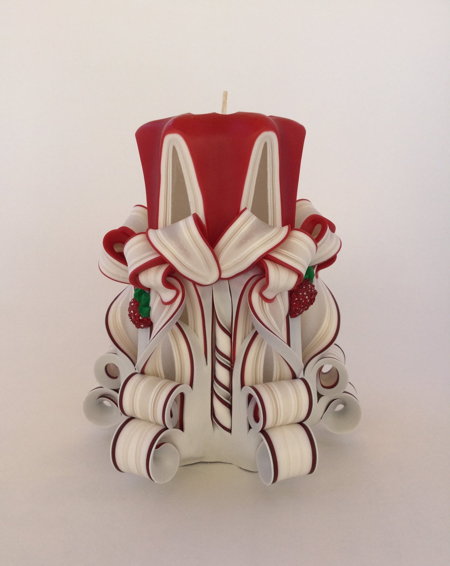 Handmade Red and White Carved Strawberry Candle Set