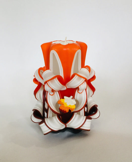 Handmade Autumn Leaf Carved Pillar Candle - 5 Inch