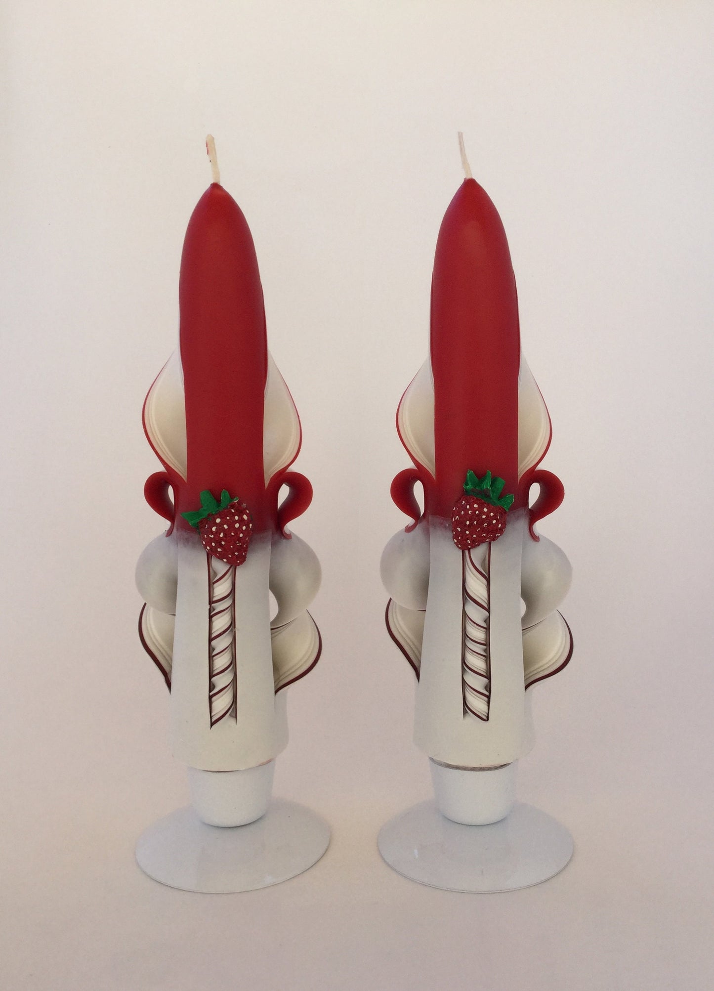 Handmade Red and White Carved Strawberry Taper Candles - 6 inch