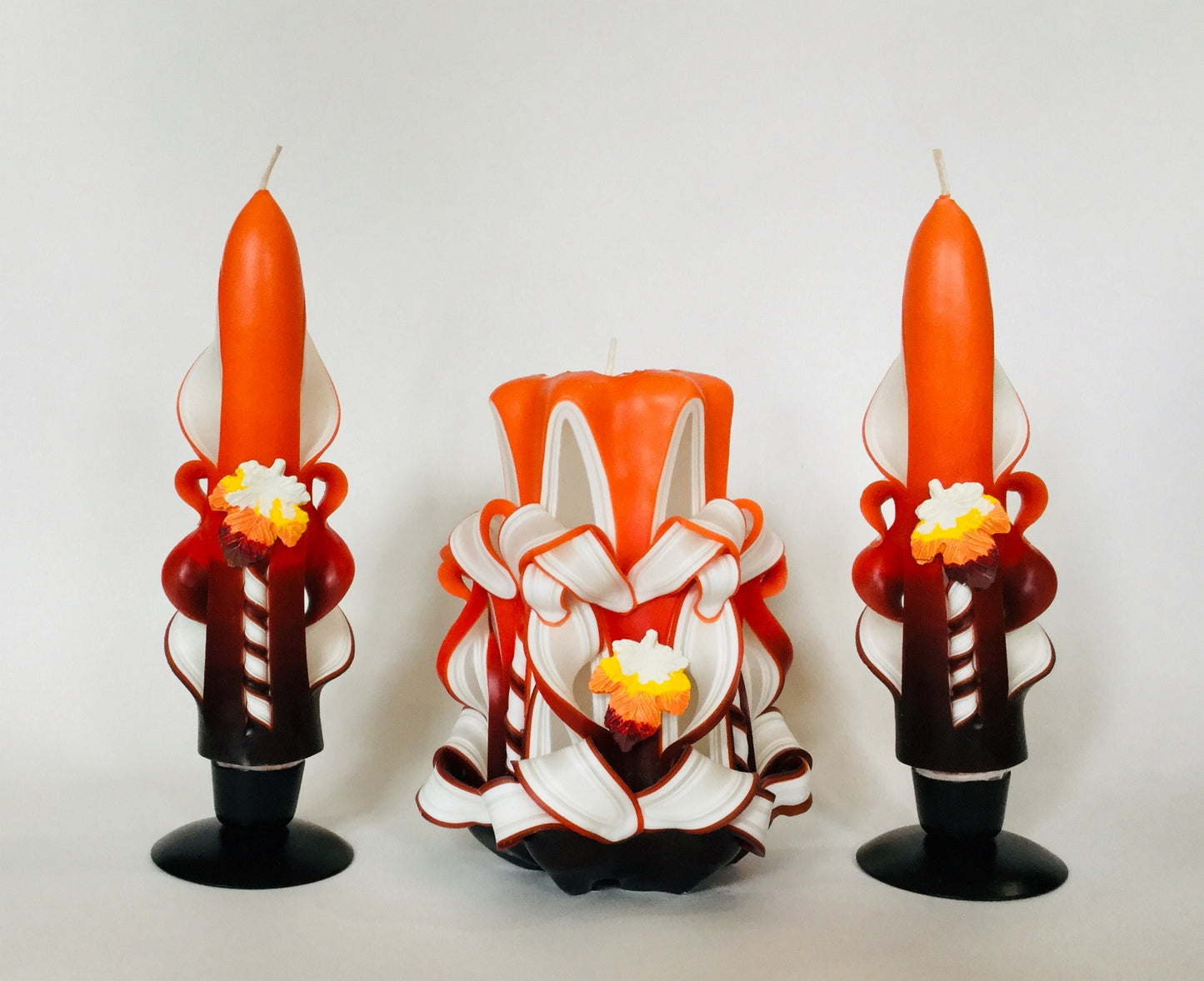 Handmade Orange Autumn Leaves Carved Candle Set