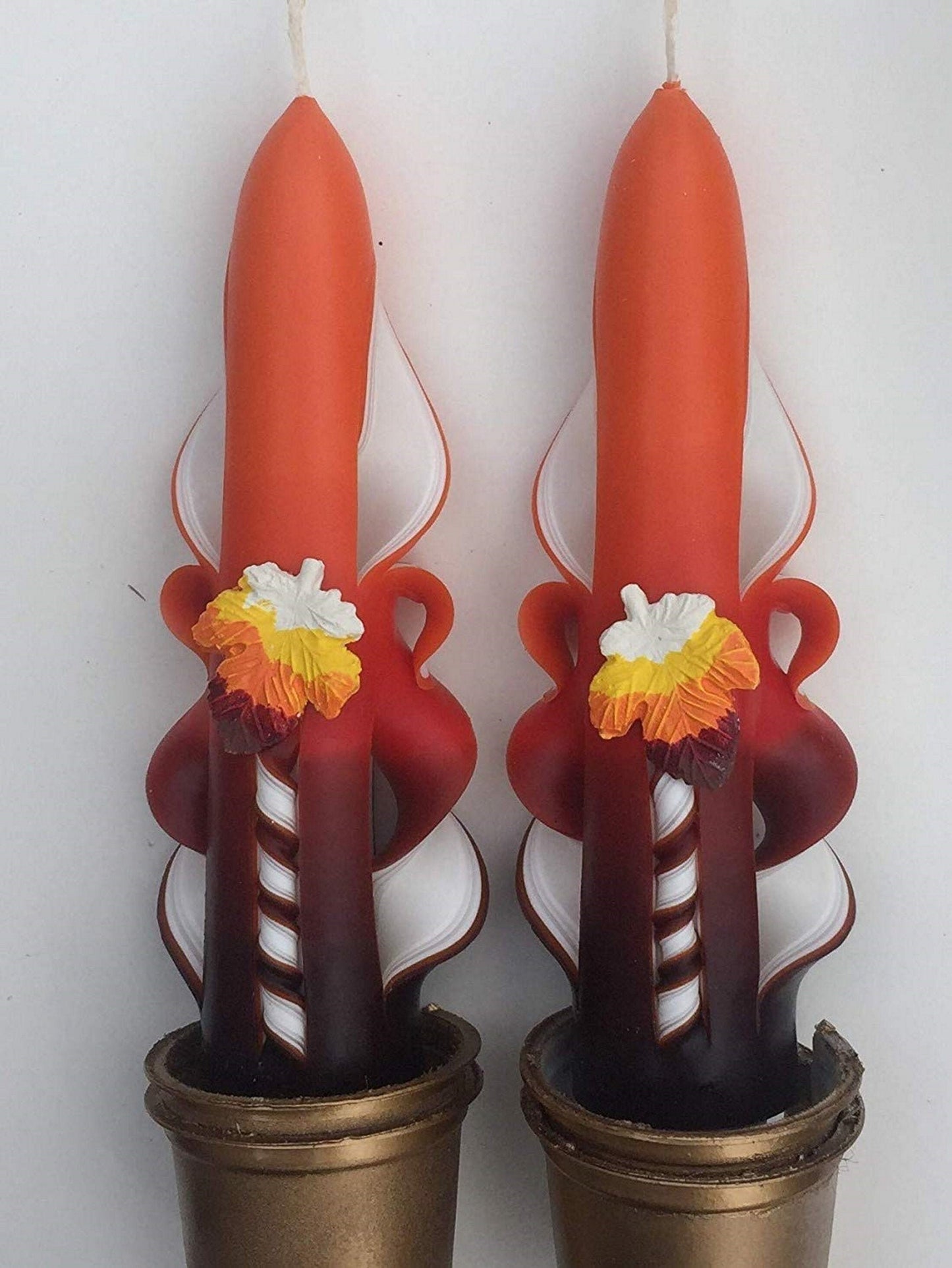 Handmade Orange Autumn Leaf Carved Taper Candles - 6 Inch