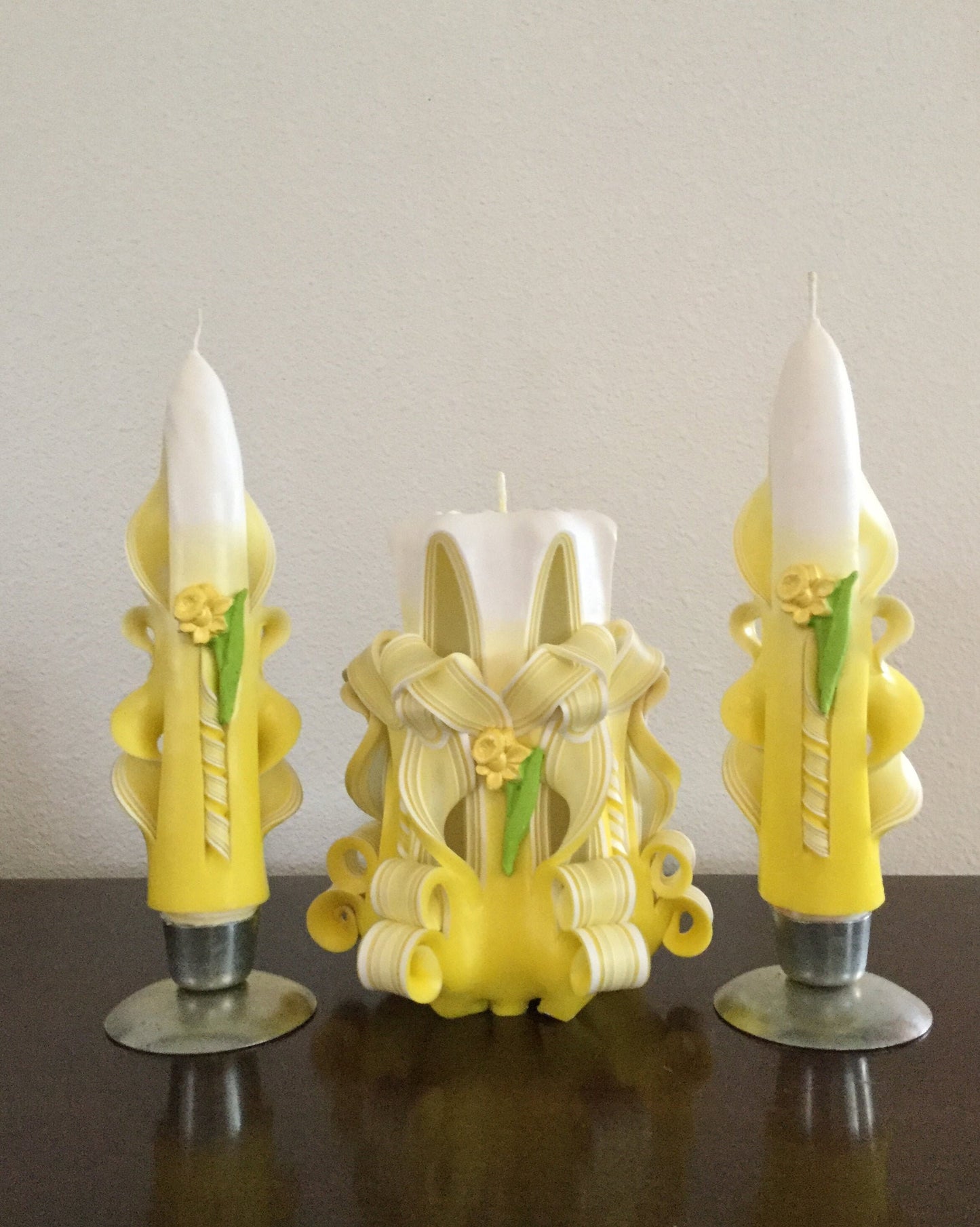 Handmade Shaded Yellow Carved Daffodil Candle Set