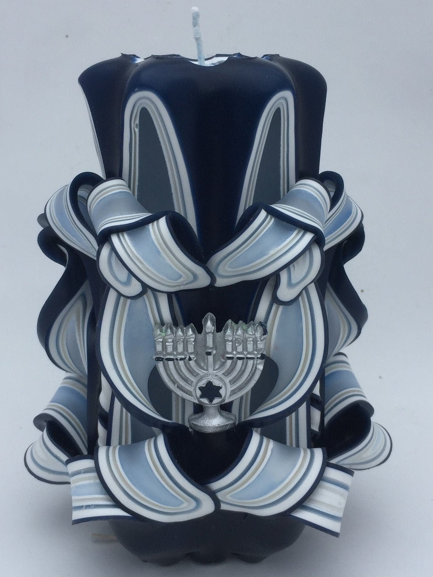 Carved Hanukkah Pillar Candle with Menorah Accents