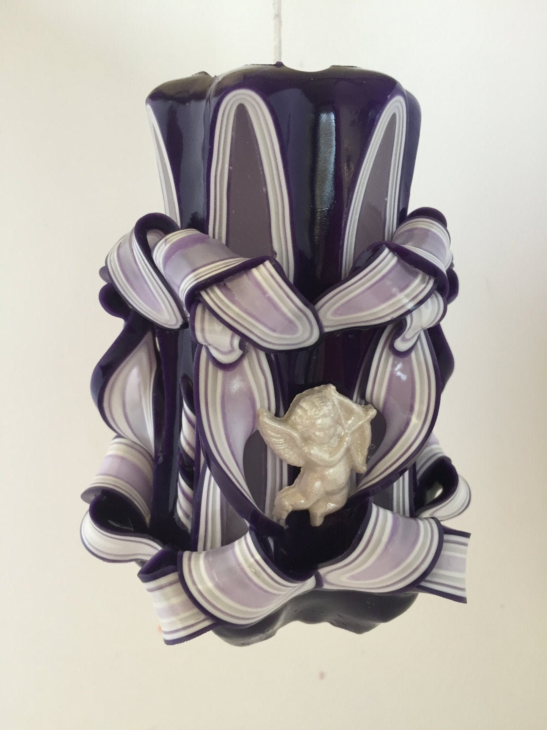 Handmade Purple Cupid Carved Pillar Candle - 5 Inch
