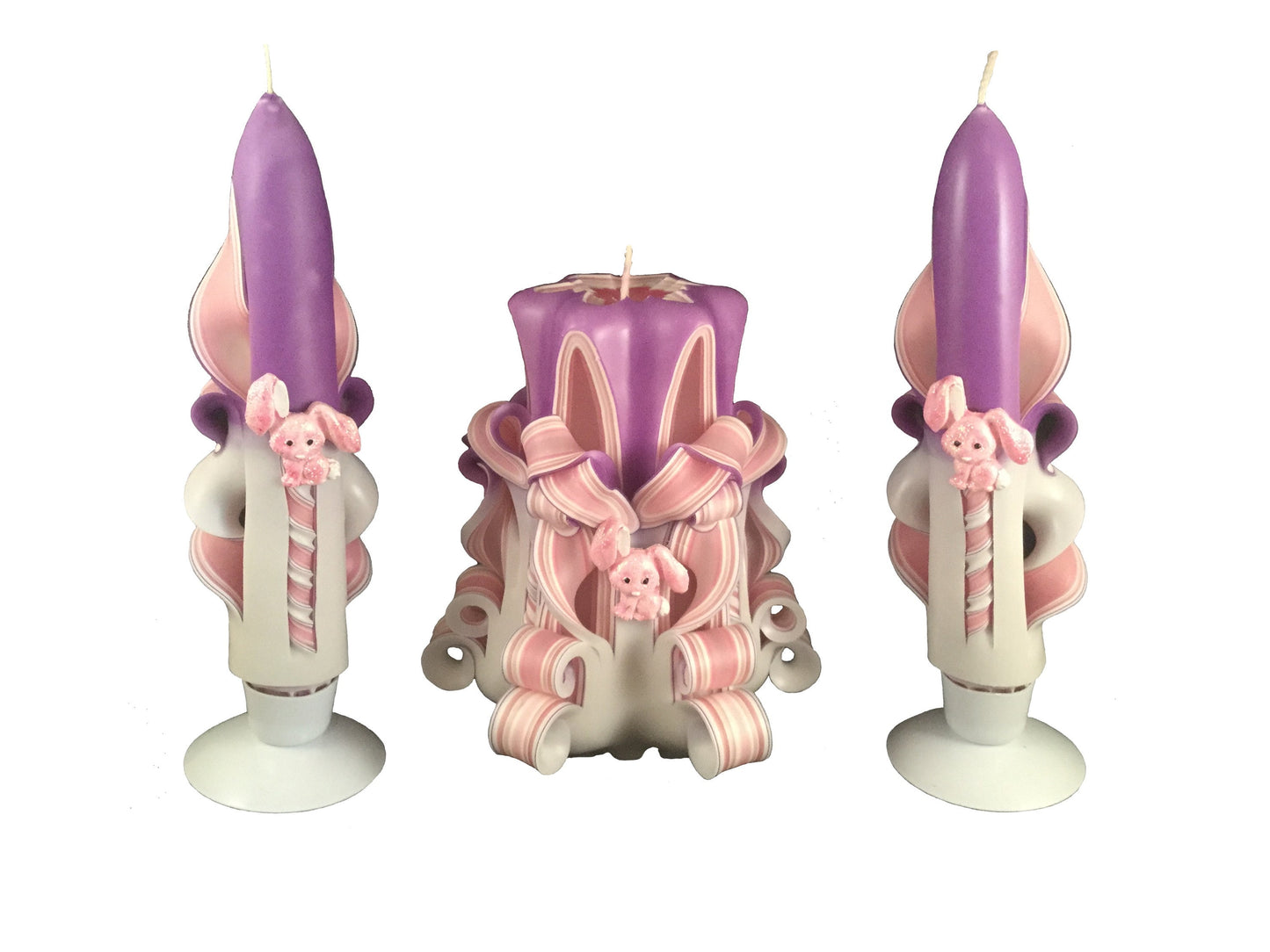 Carved Pink & Purple Easter Bunny Candle Set