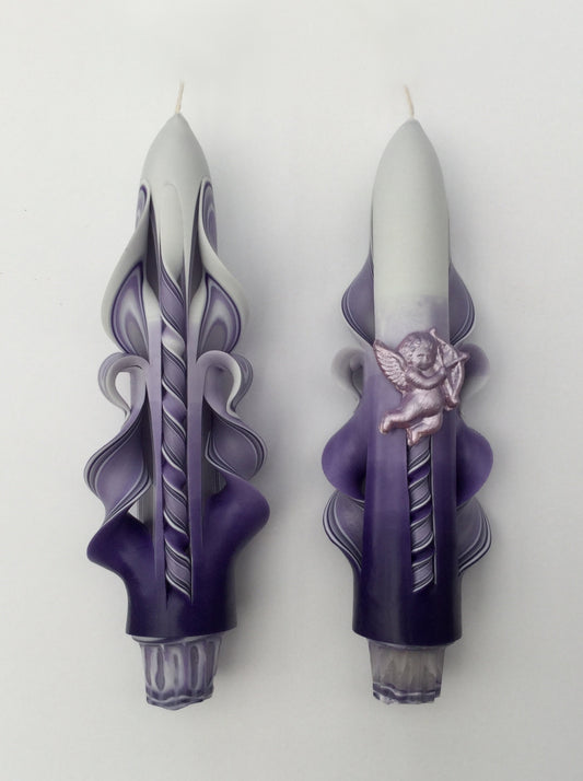 Handmade Purple Carved Valentine Cupid Taper Candles - 6 Inch