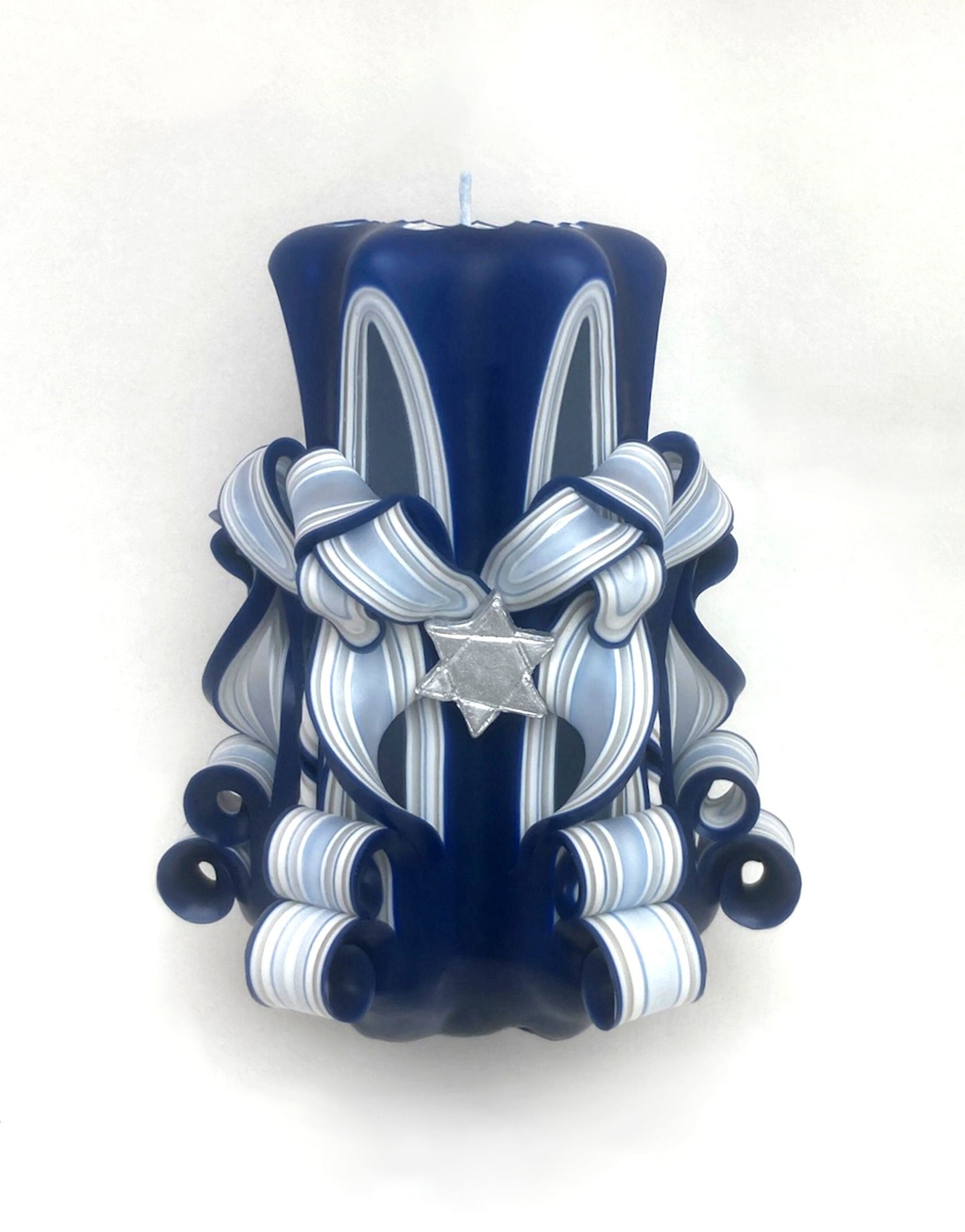 Carved Shabbat Pillar Candle with Star of David Accents