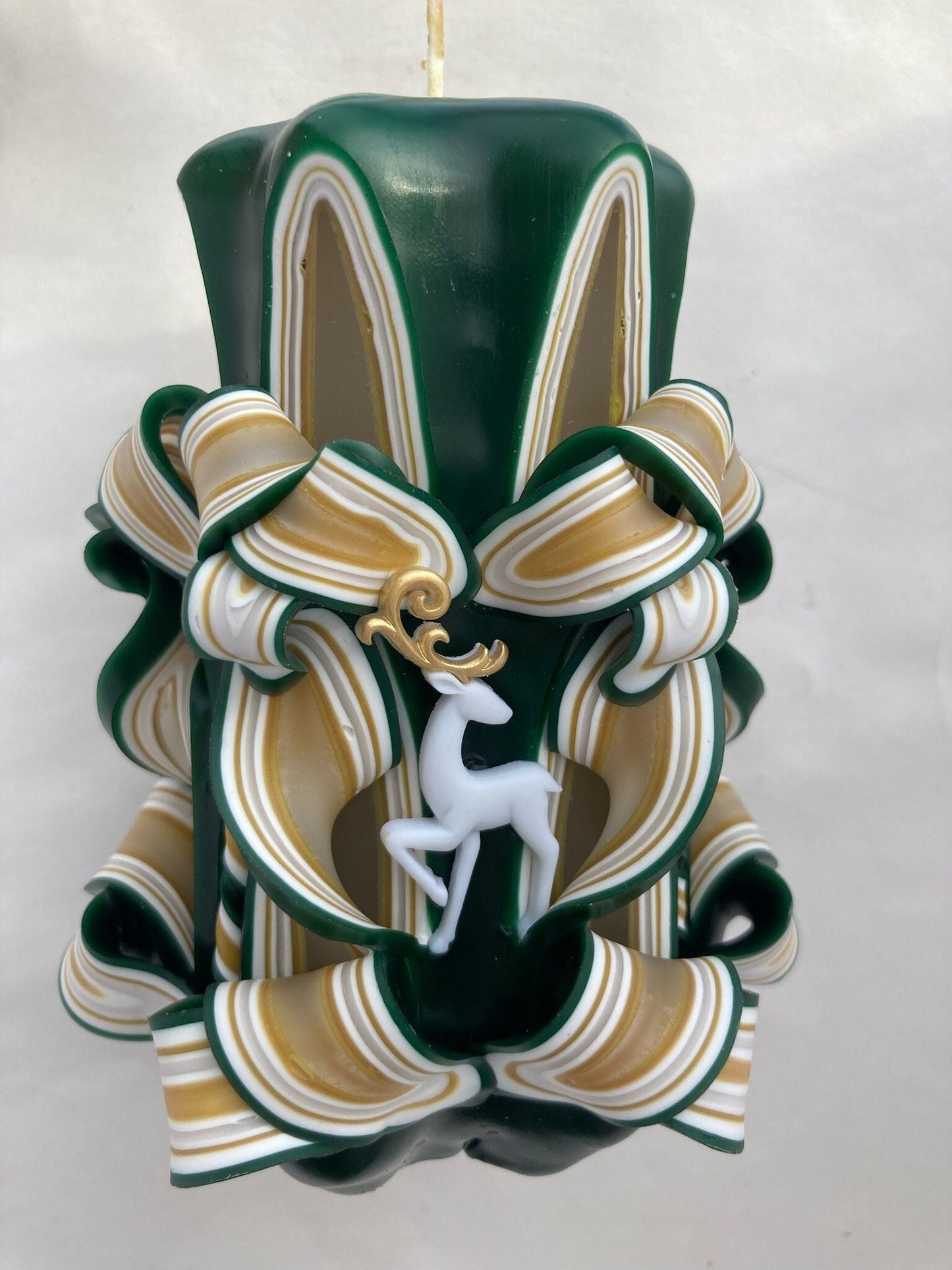 Carved Green and Gold Elegant Reindeer Christmas Candle