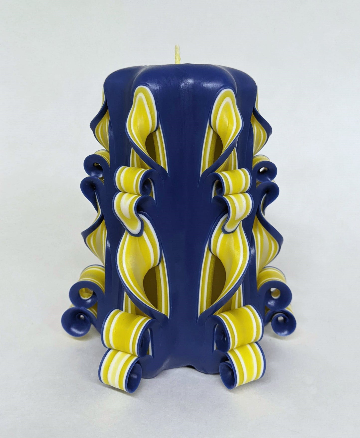 Handmade Blue and Yellow Carved Pillar Candle - 5 Inch