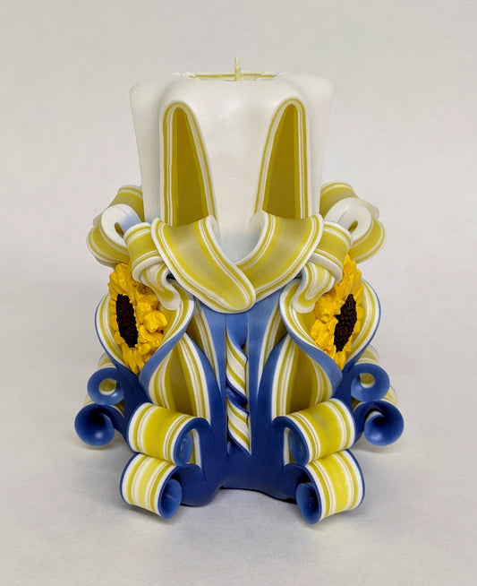 Handmade Yellow and Blue Carved Sunflower Pillar Candle - 5 Inch