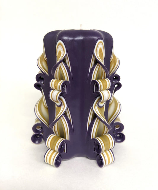 Handmade Purple and Gold Carved Pillar Candle - 5 Inch