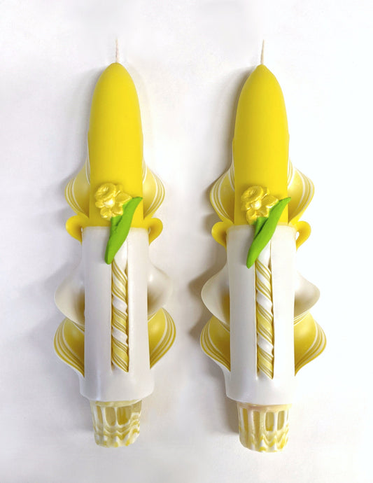 Handmade Carved Yellow and White Daffodil Taper Candles - 6 Inch