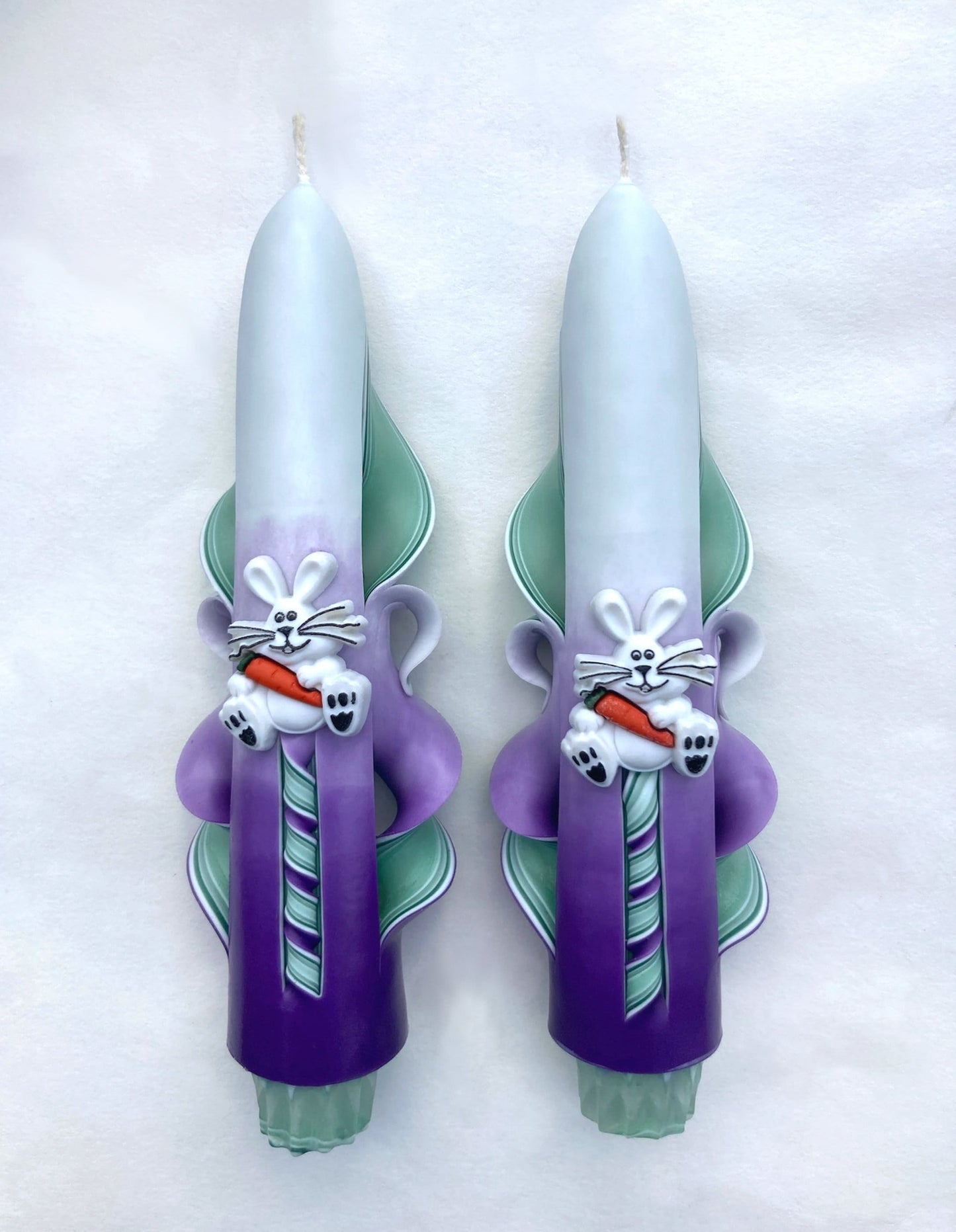 Hand-Carved Purple & Green Easter Bunny Taper Candles - 6 Inch