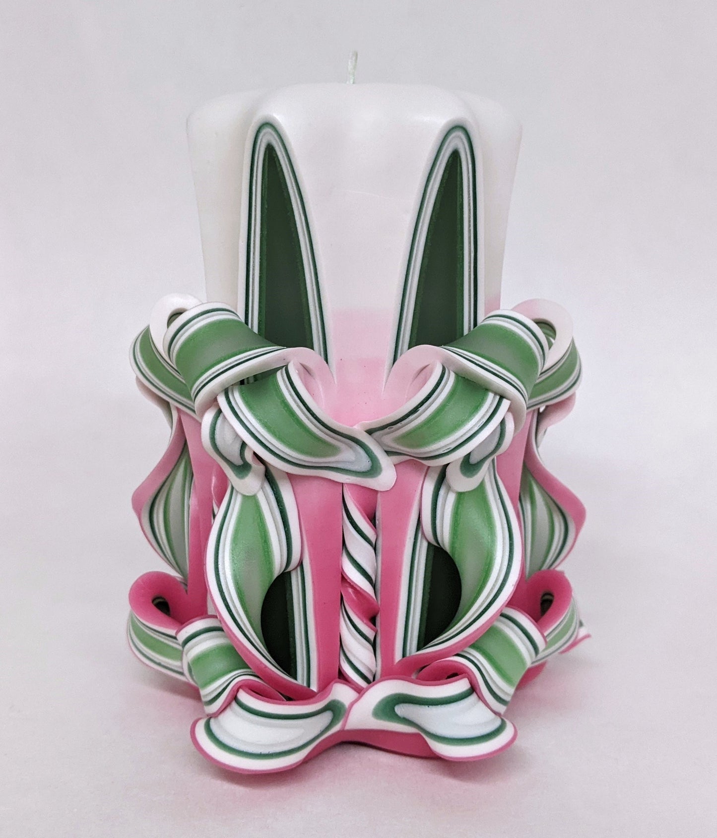 Handmade Pink and Green Carved Pillar Candle - 5 Inch