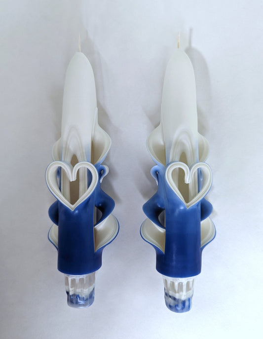 Shaded Blue Hand-Carved Taper Candles with Hearts - 6 Inch