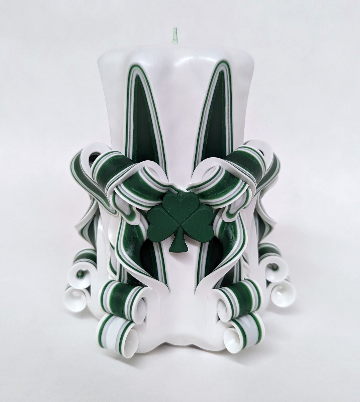 Handmade Green and White Carved Pillar Candle with Green Shamrock Accents - 5 Inch
