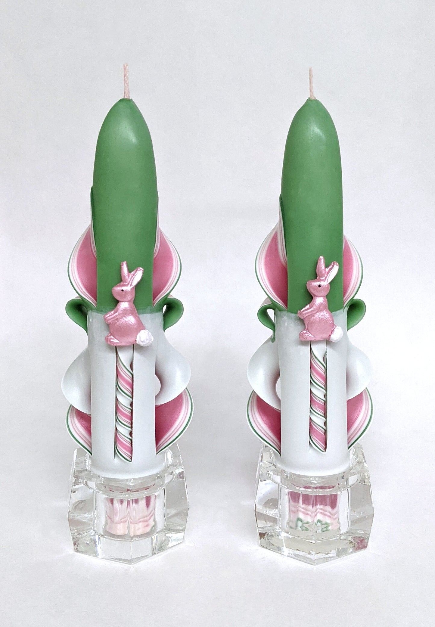 Carved Pink & Green Taper Candles with Easter Bunny Accents