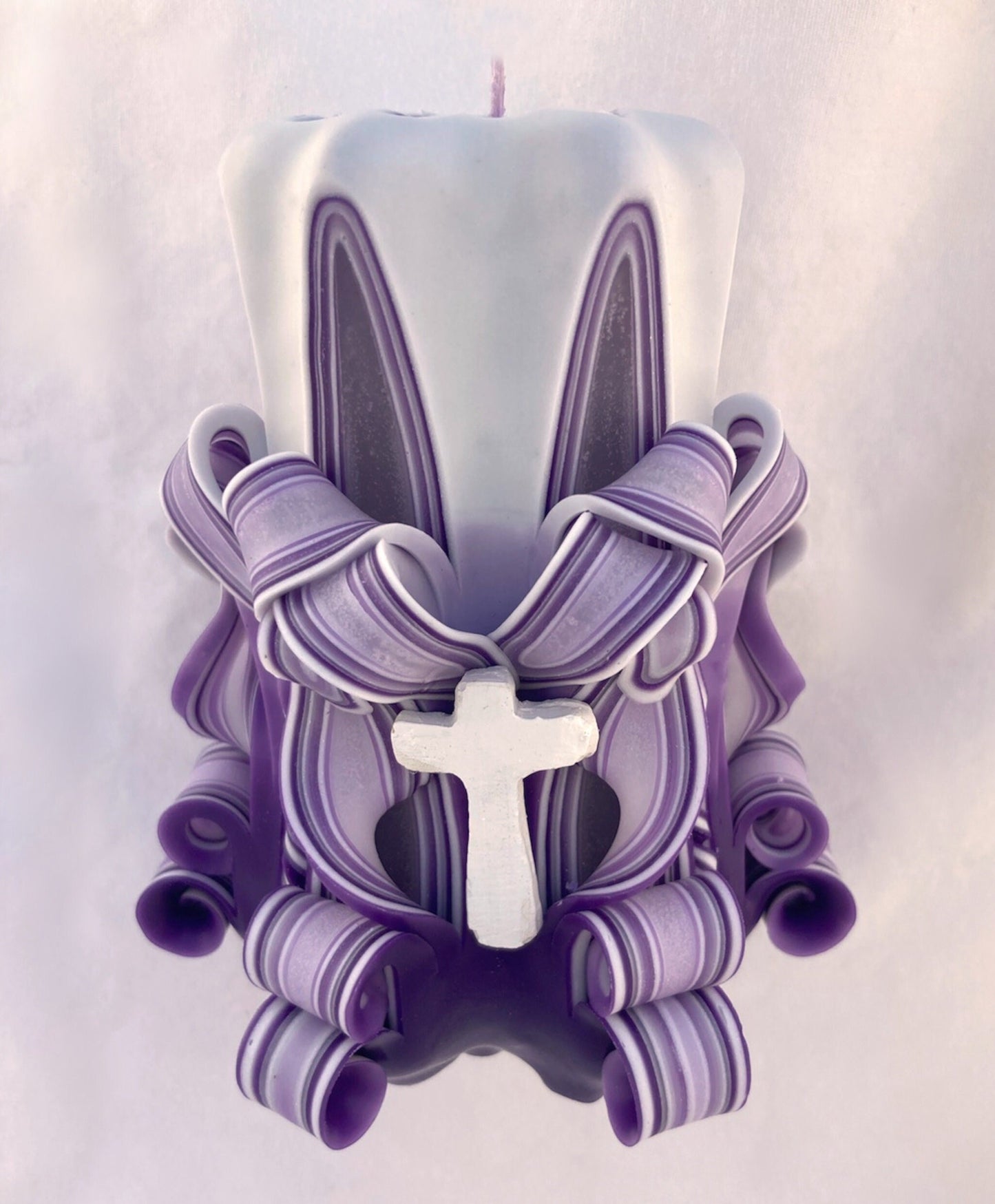 Hand-Carved Shaded Purple Easter Pillar Candle with Cross Accents