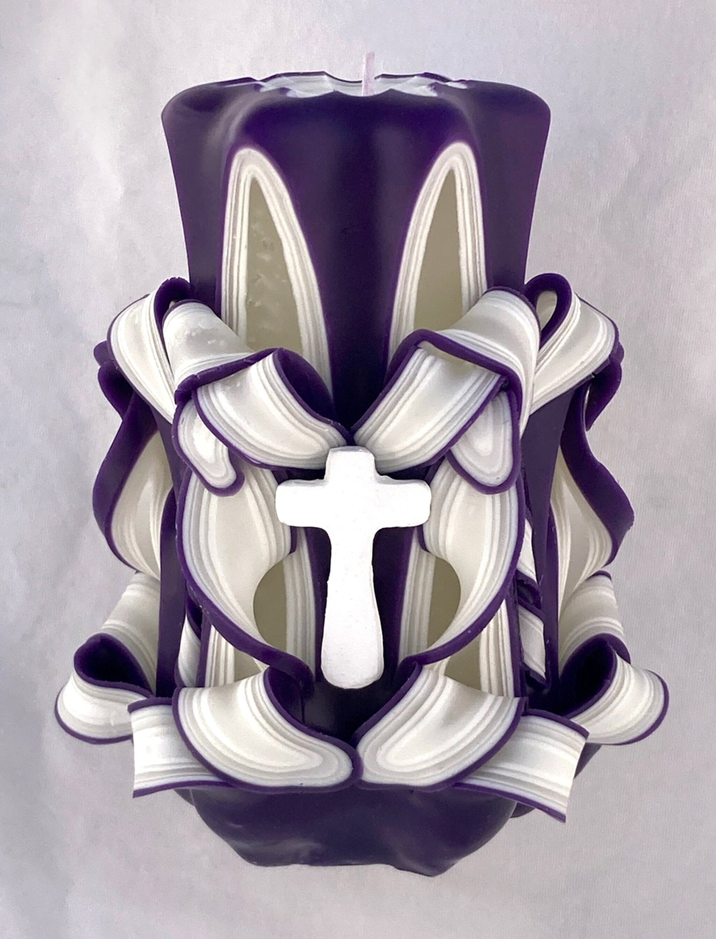 Hand-Carved Purple Easter Pillar Candle with Cross Accents