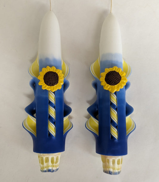 Carved Yellow & Blue Sunflower Taper Candles