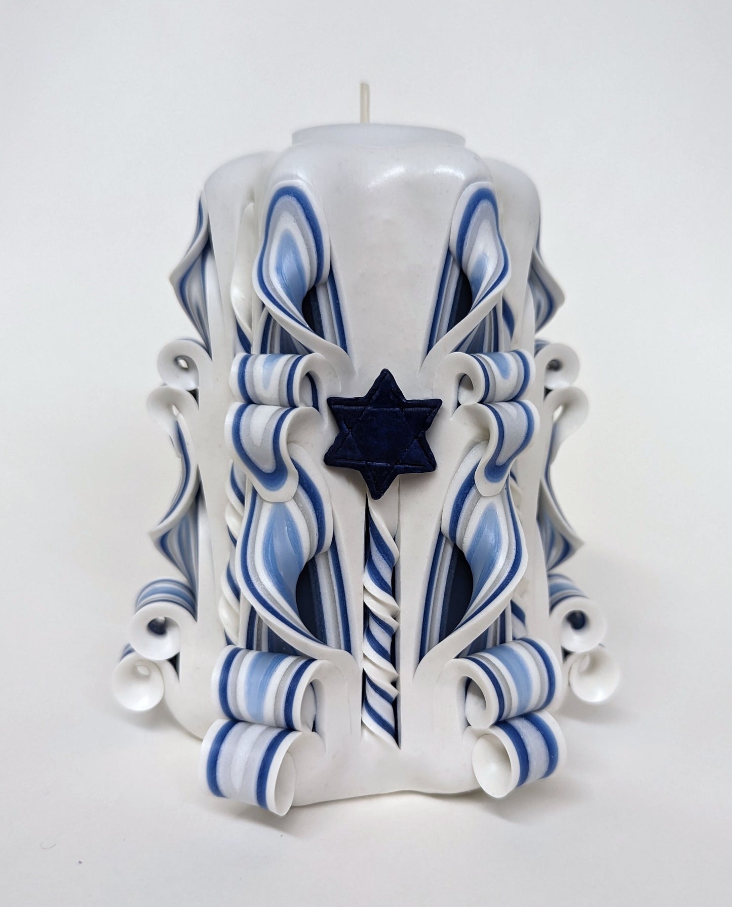 Carved Blue & White Pillar Candle with Star of David Accents