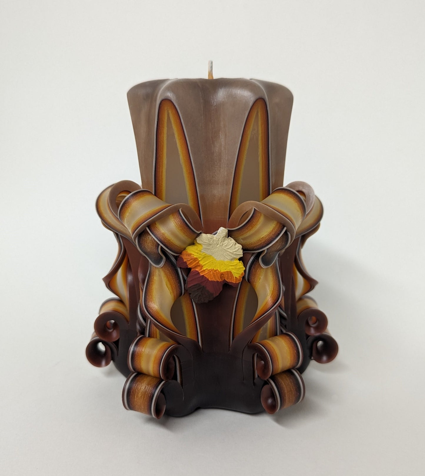 Handmade Earth Tone Autumn Leaves Carved Candle Set