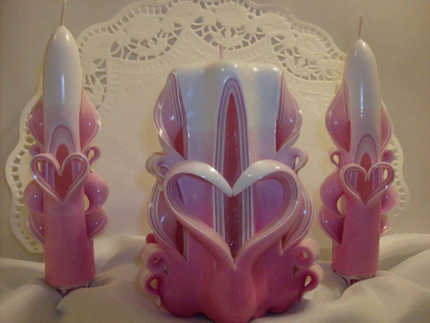 Hand-Carved Valentine Heart Centerpiece Candle Set