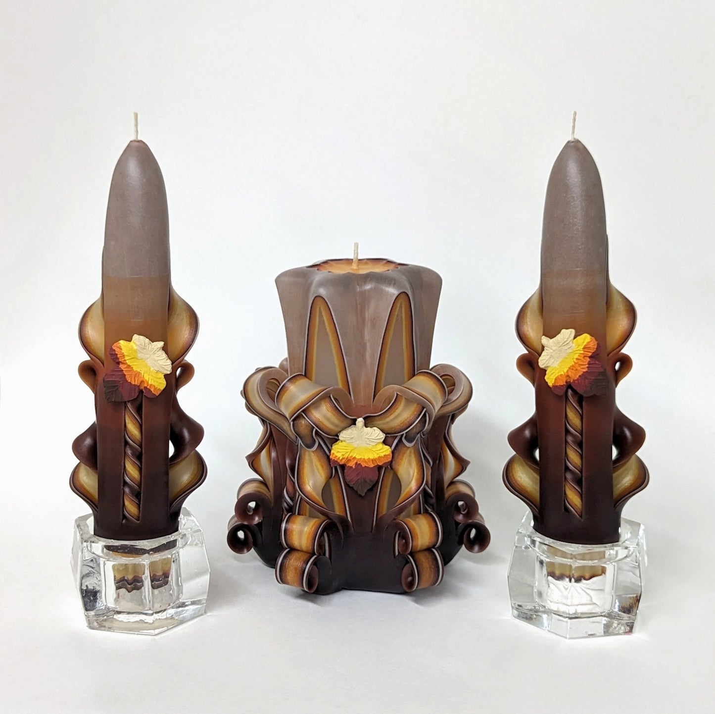 Handmade Earth Tone Autumn Leaves Carved Candle Set