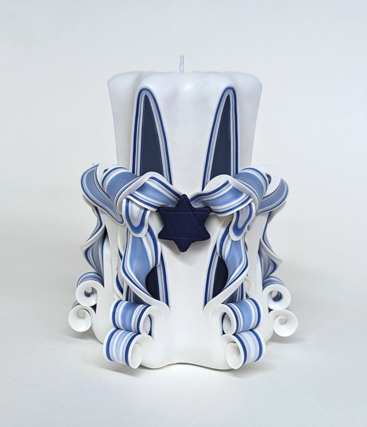 Carved Blue & White Pillar Candle with Star of David Accents