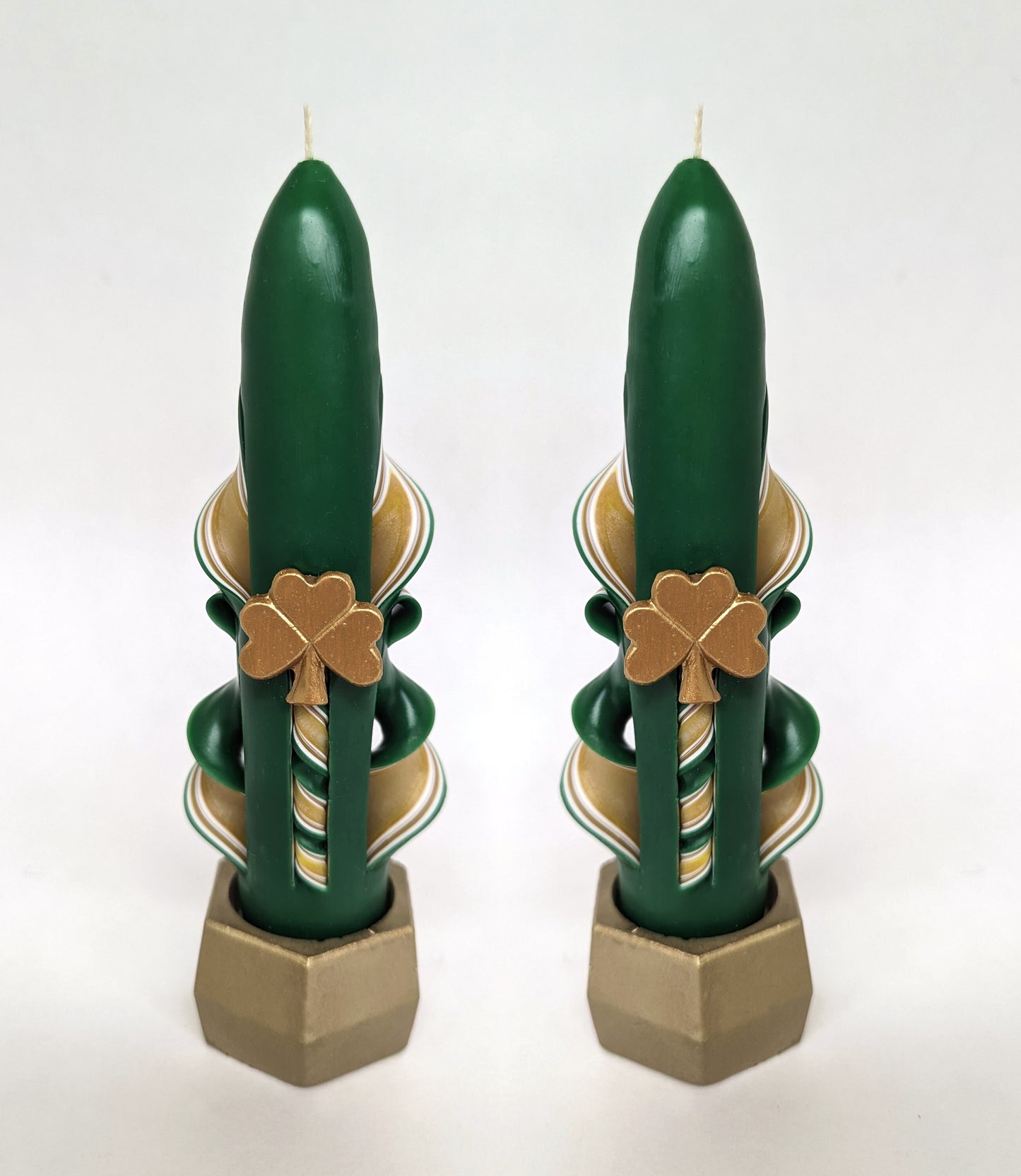 Handmade Carved Green and Gold Shamrock Taper Candles - 6 Inch
