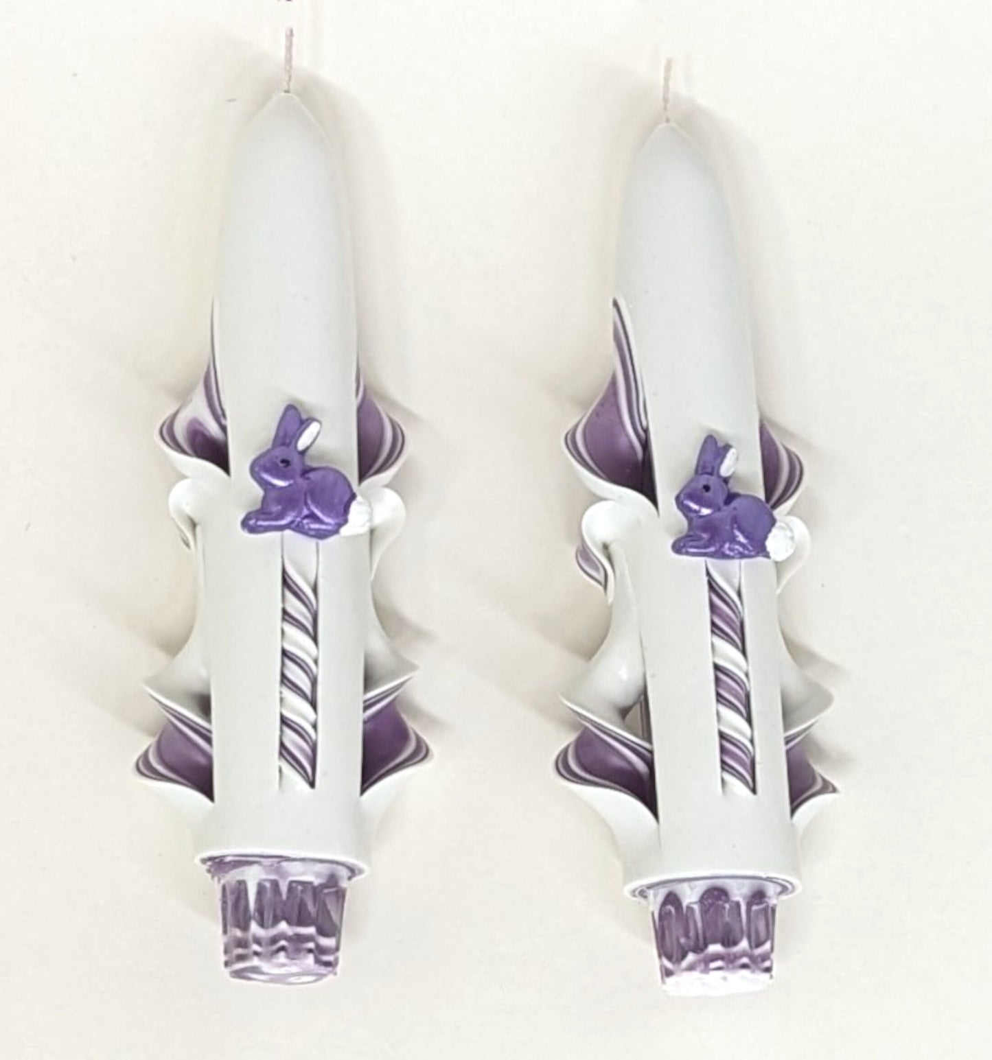 Purple & White Hand-Carved Easter Bunny Taper Candles
