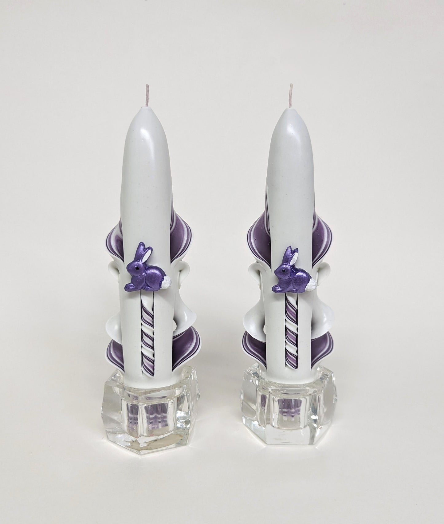 Purple & White Hand-Carved Easter Bunny Taper Candles