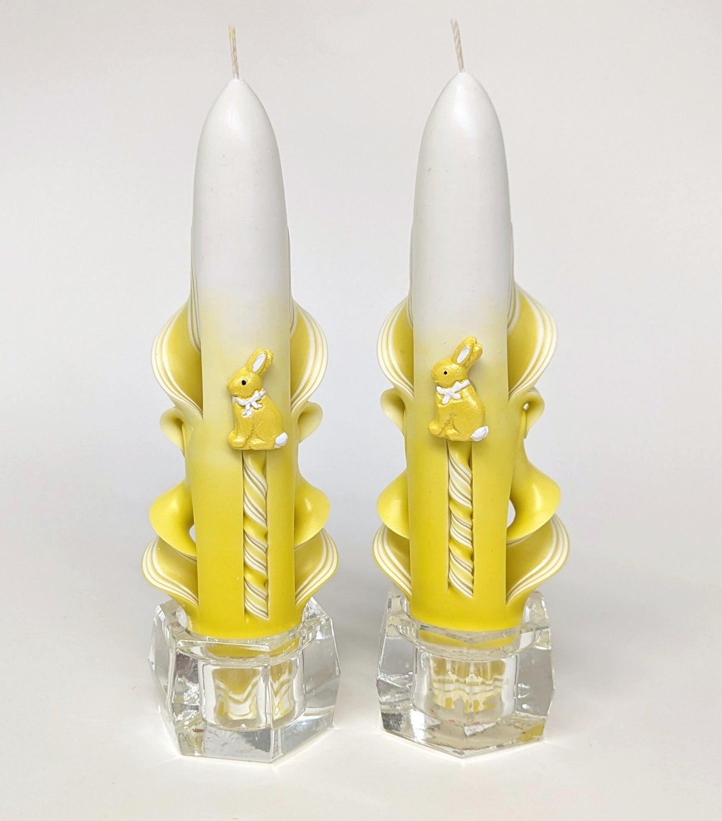 Hand-Carved Yellow & White Easter Bunny Taper Candles - 6 Inch