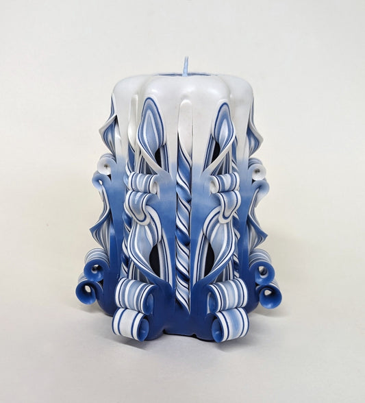 Handmade Shaded Blue Carved Pillar Candle - 5 Inch