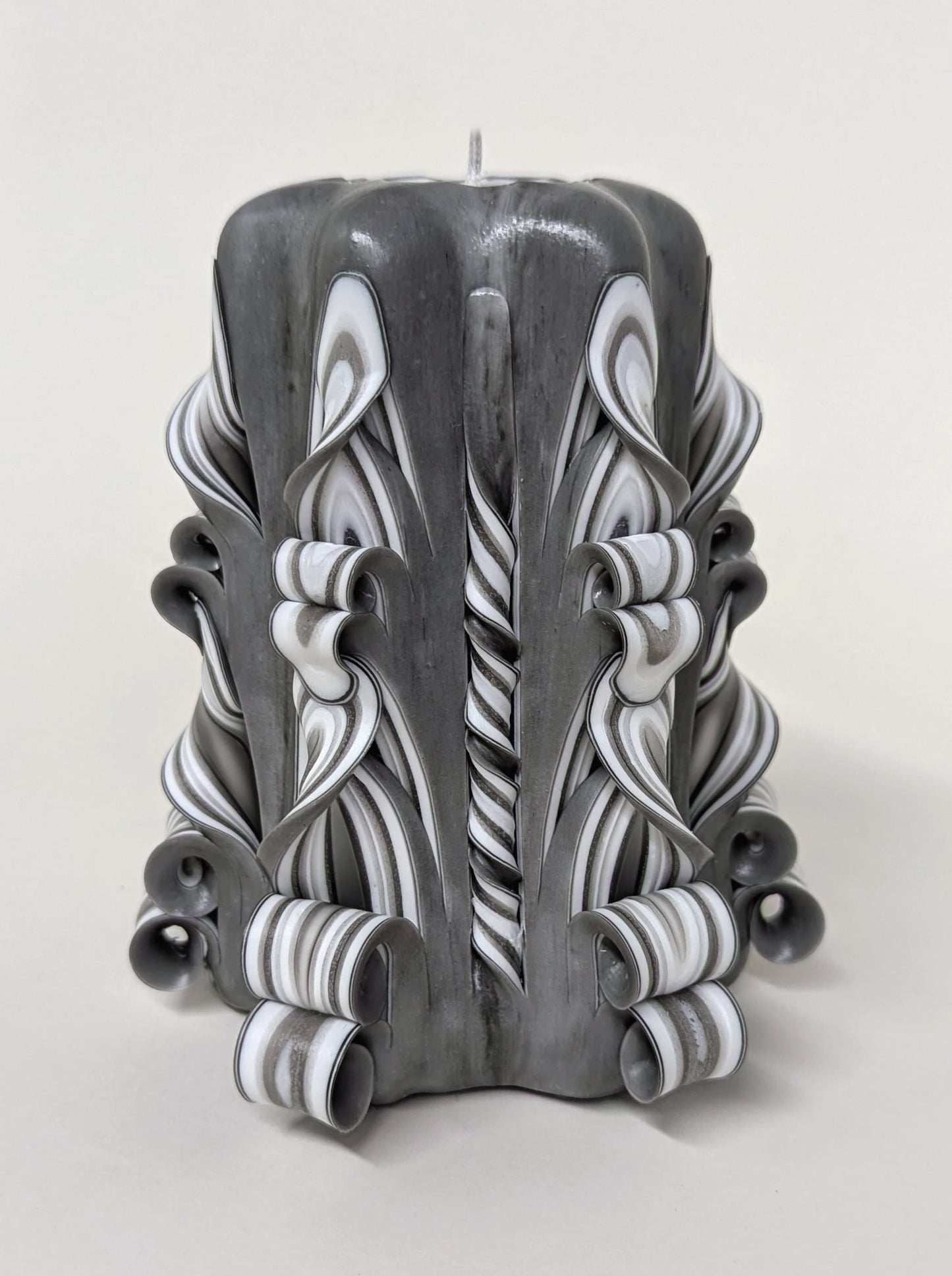 Handmade Gray and White Carved Pillar Candle - 5 Inch