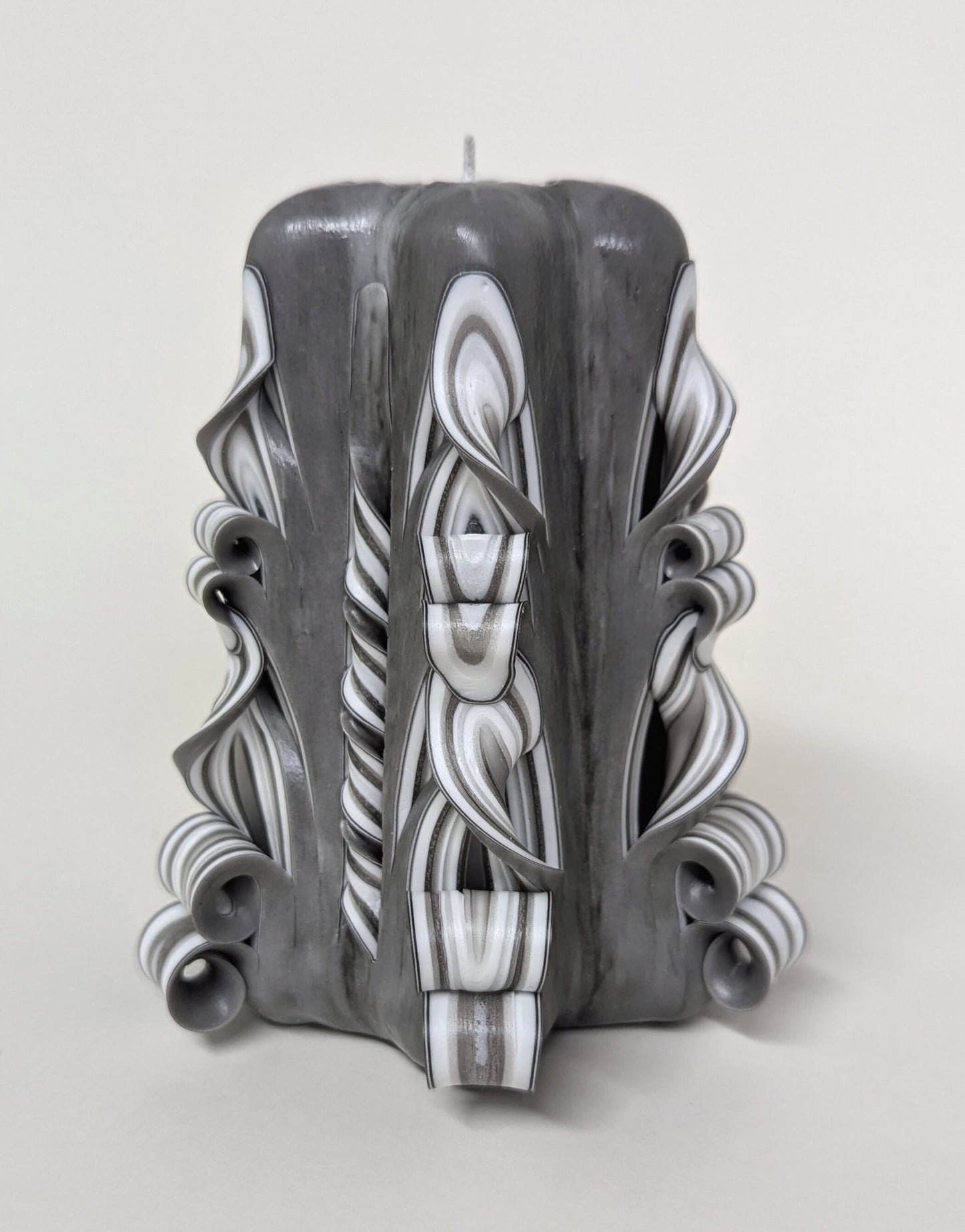 Handmade Gray and White Carved Pillar Candle - 5 Inch