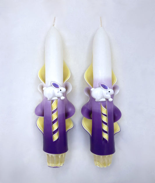 Purple & Yellow Taper Candles with Bunny Accents