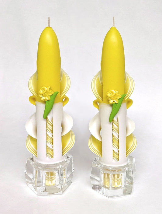 Carved Yellow and White Daffodil Taper Candles